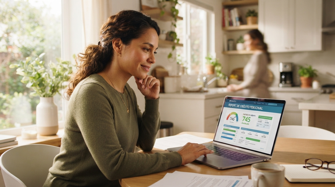 Mujer hispana revisando su reporte de credito en una laptop en su cocina