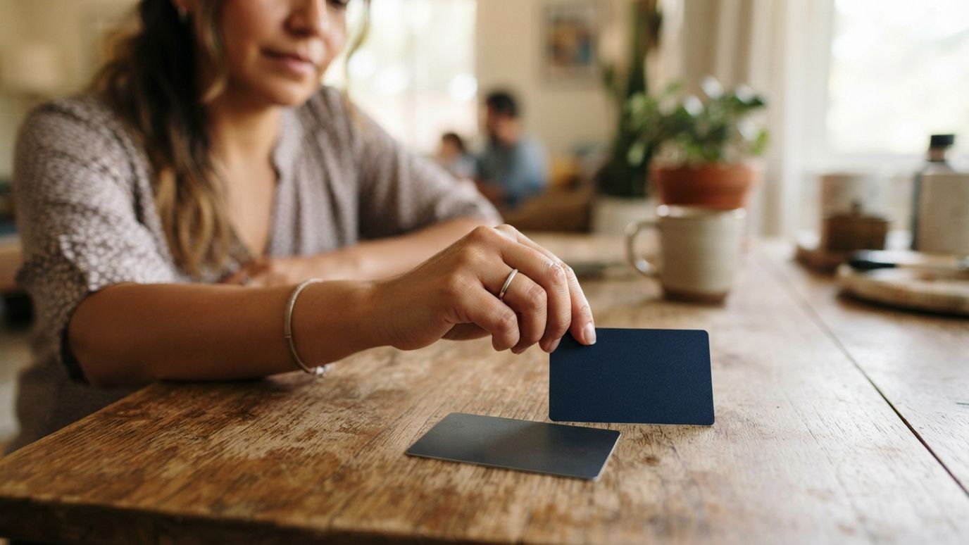 Hand choosing between a debit card and a credit card