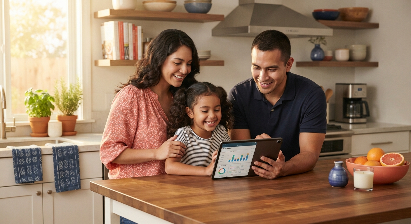 Familia hispana revisando sus finanzas en casa