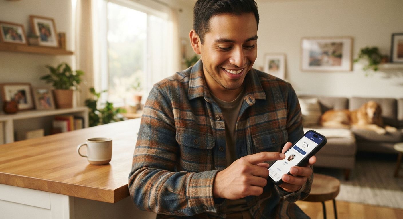 Hombre enviando dinero a su familia desde el teléfono