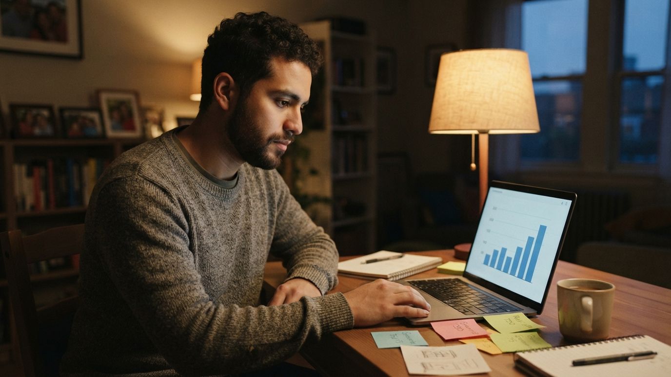 Joven revisando cuánto usa de su límite de crédito en la laptop