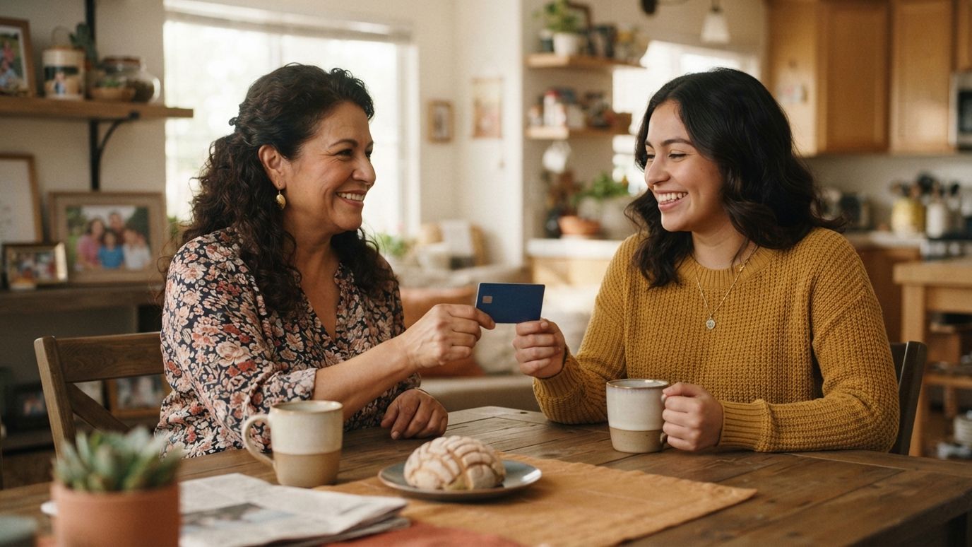 Madre dando a su hija una tarjeta como usuaria autorizada