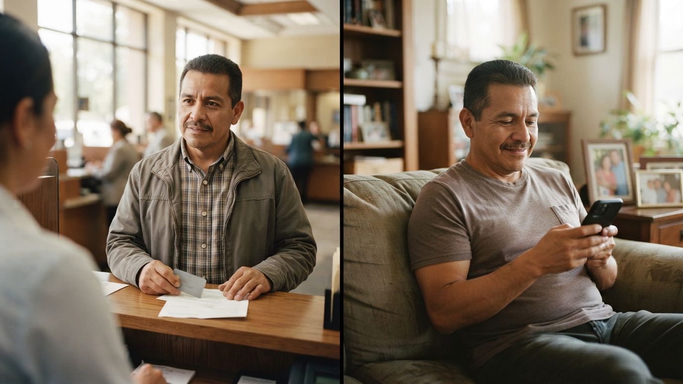 Man comparing a branch bank with a digital account