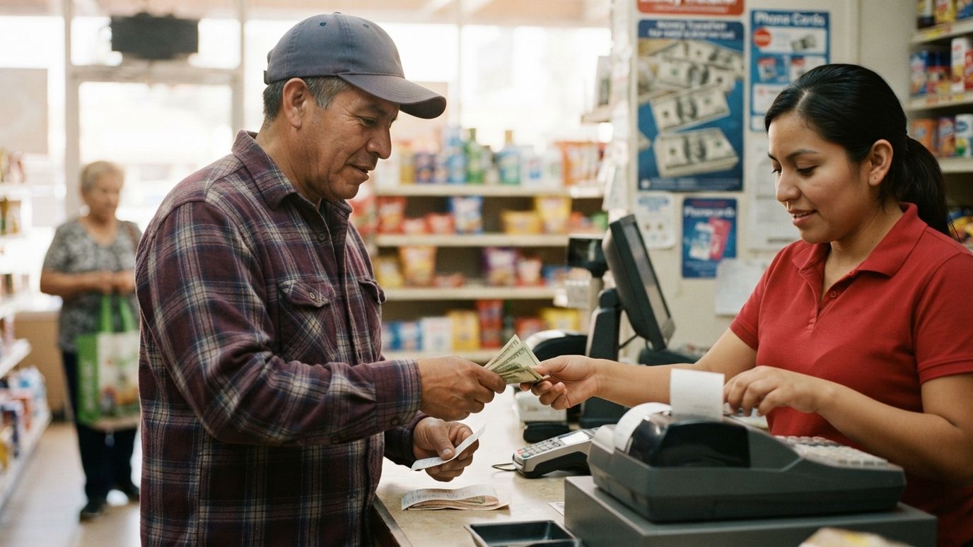 Man paying for a money transfer in cash at a store