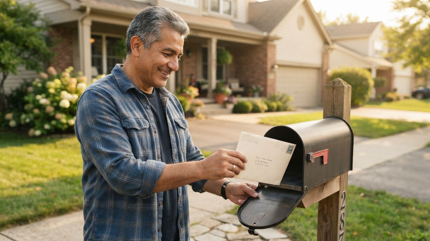 Man picking up the envelope with his card from the mailbox
