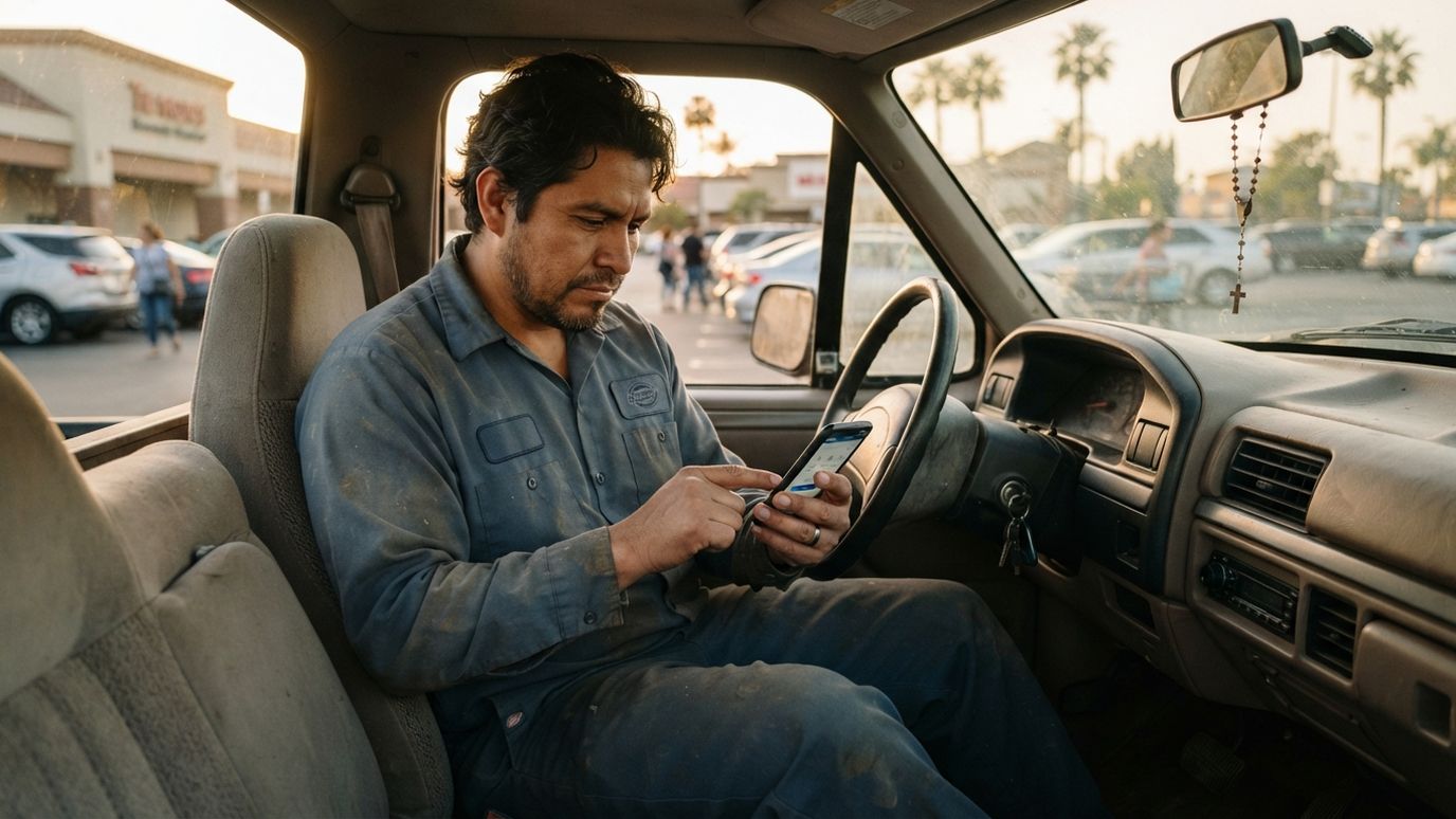 Mexican man sending money to his family from his phone in his truck