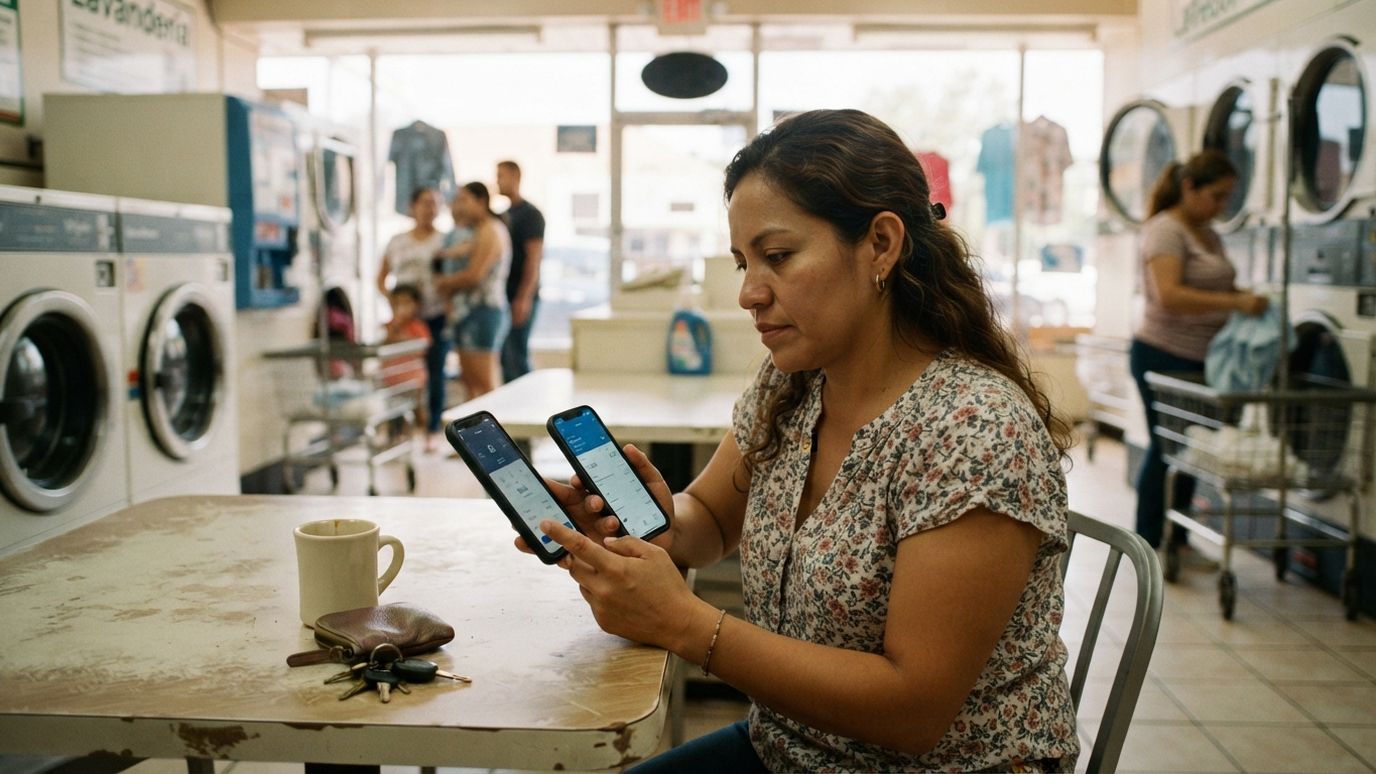 Mujer hondureña comparando comisiones de envío en la lavandería