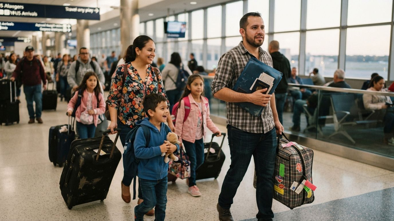 Newly arrived family in the United States with their documents