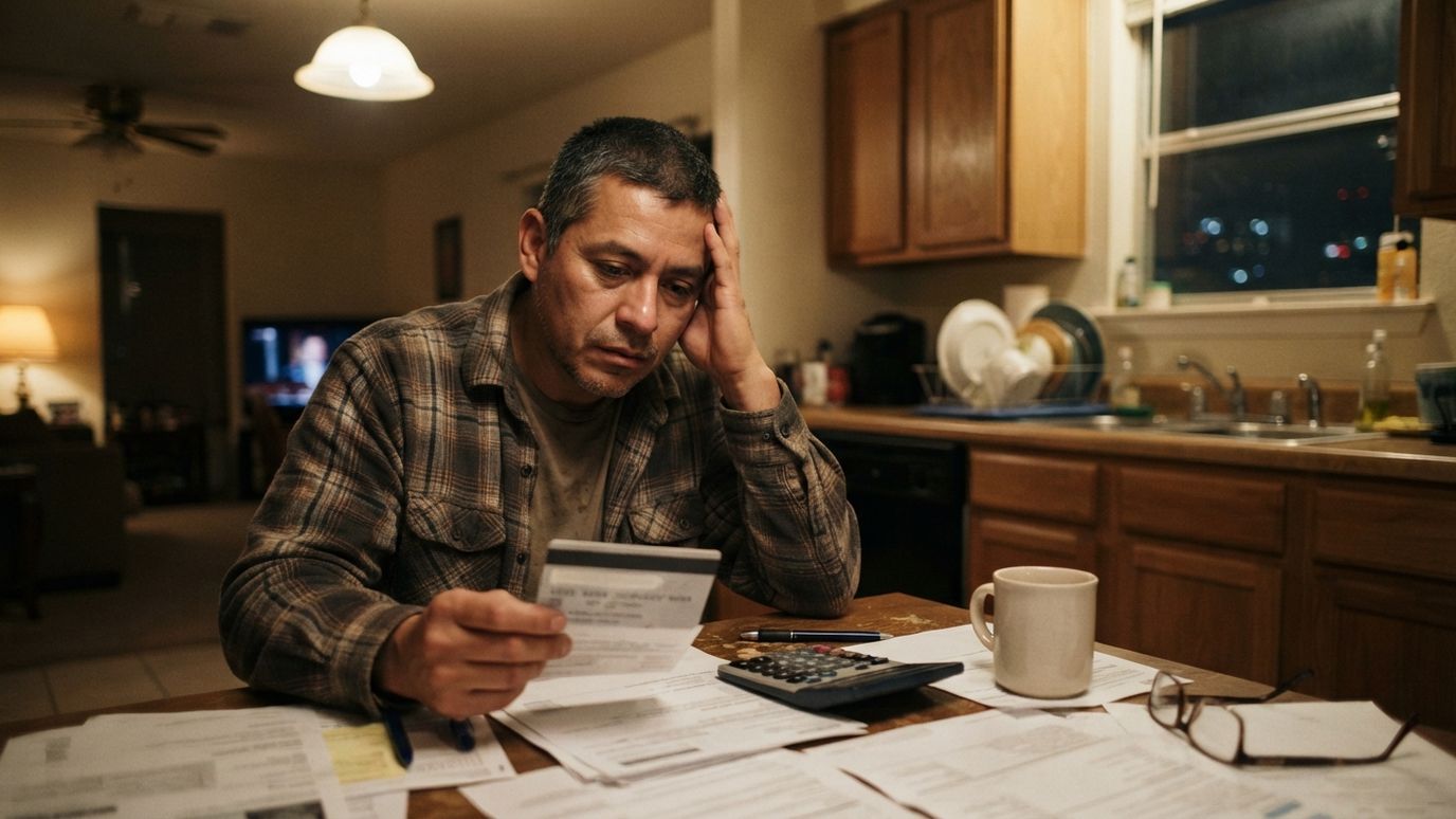 Padre revisando el estado de cuenta de la tarjeta por la noche