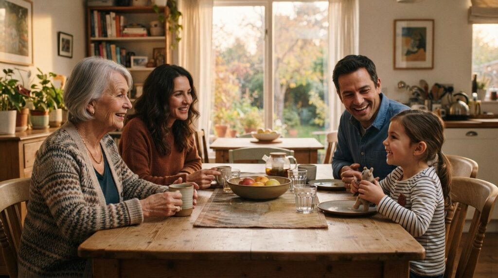 Familia de tres generaciones conversando alrededor de la mesa del comedor