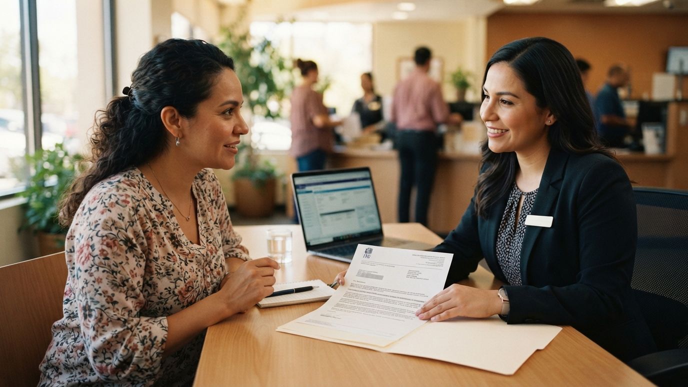 Woman applying for a card with her ITIN at a community bank