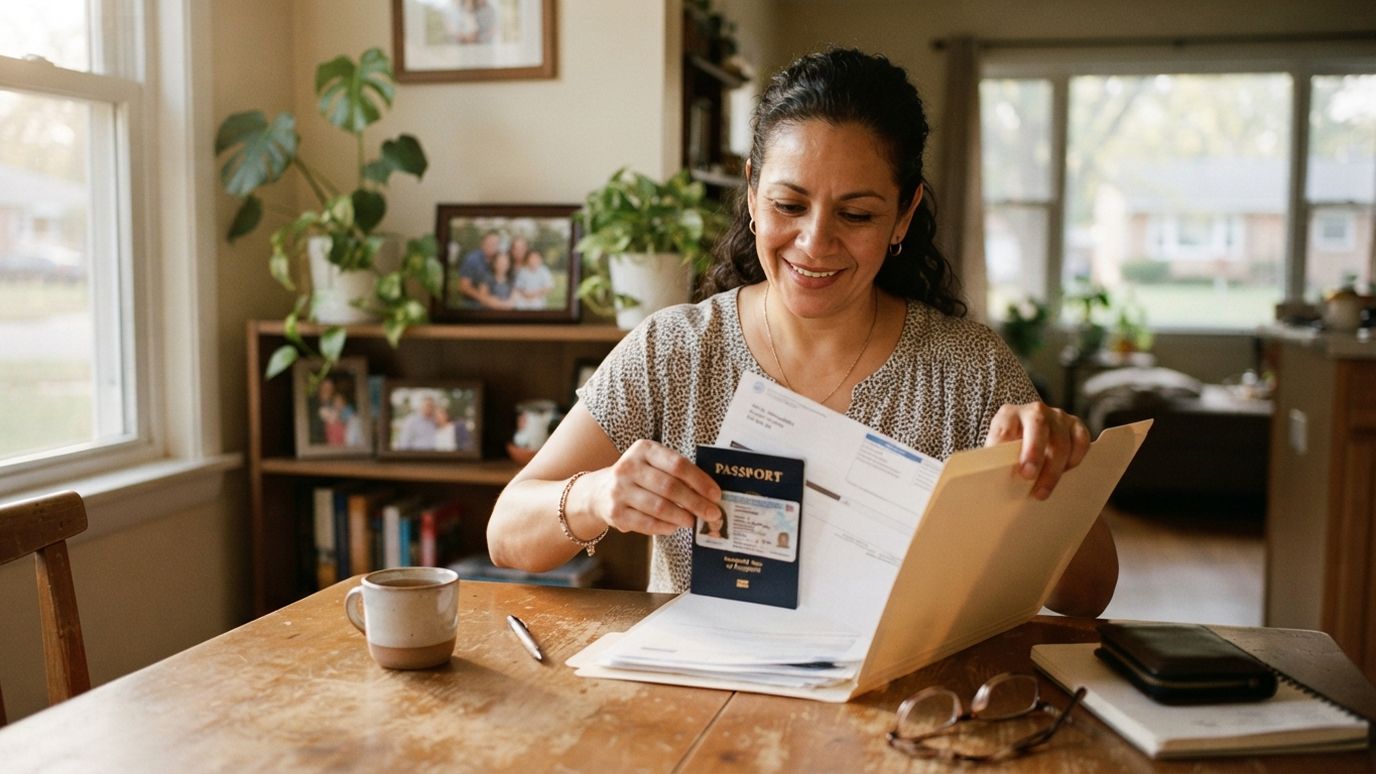 Woman getting her documents ready for a bank appointment
