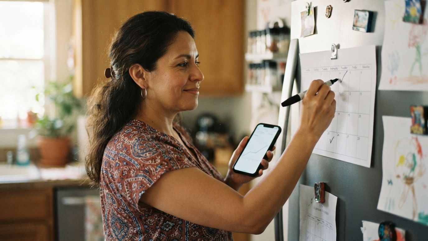 Woman marking on-time payment months on a calendar