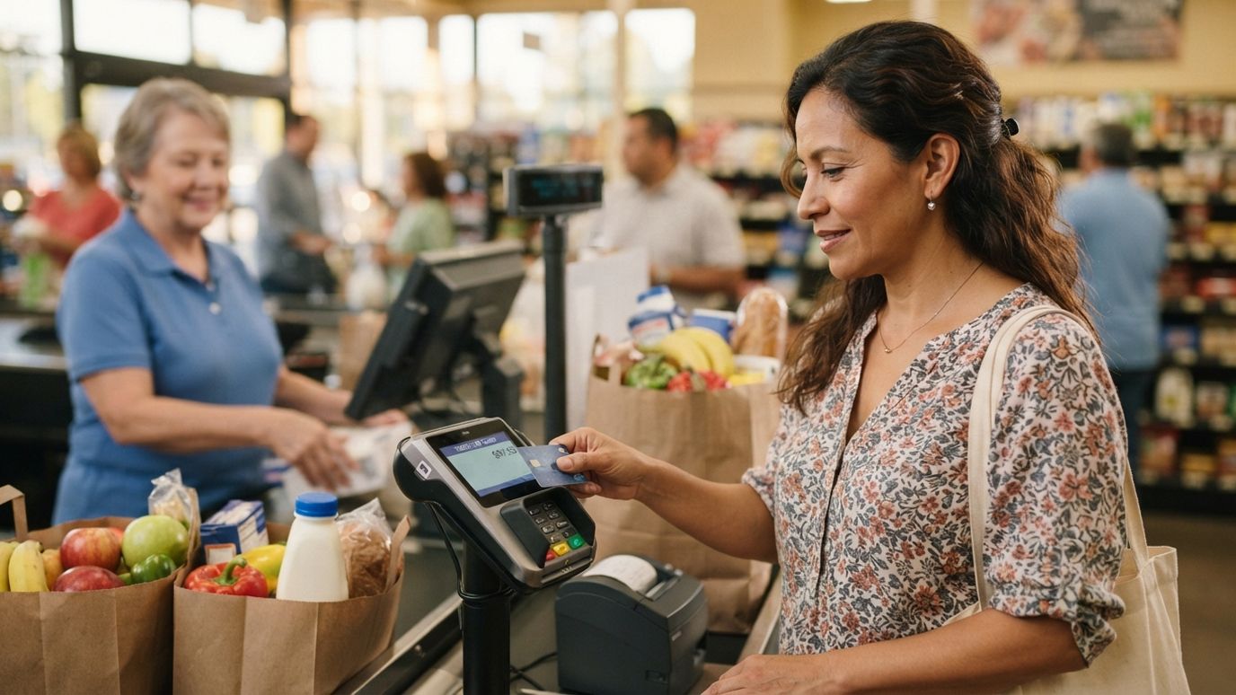 Woman paying for groceries with a card