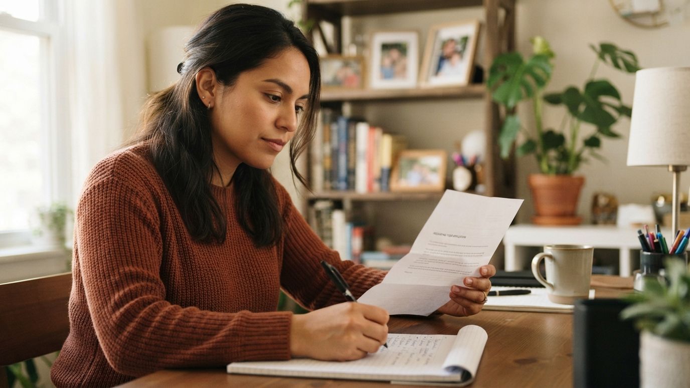 Woman reading a decline letter and taking notes